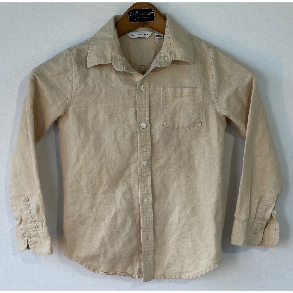 Janie and Jack Button Down Linen Cotton Shirt Boys Size 6 Tan Beige Excellent